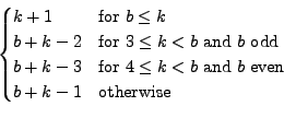 \begin{displaymath}\begin{cases}k+1 & \textrm{for $b\leq k$}\\ b+kâˆ’2 & \textrâ€¦ â€¦q k<b$\ and $b$\ even}\\ b+kâˆ’1 & \textrm{otherwise}\end{cases}\end{displaymath}