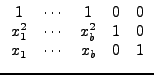 $\displaystyle \begin{array}{ccccc} 1 & \cdots & 1 & 0 & 0\\ x_{1}^{2} & \cdots & x_{b}^{2} & 1 & 0\\ x_{1} & \cdots & x_{b} & 0 & 1\end{array}$