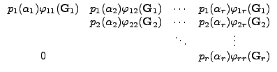 $\displaystyle \begin{array}{cccc} p_{1}(\alpha_{1})\varphi_{11}(\vec{G}_{1}) & â€¦ â€¦dots & \vdots\\ 0 & & & p_{r}(\alpha_{r})\varphi_{rr}(\vec{G}_{r})\end{array}$